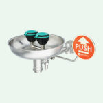 PremiumLine safety eye shower with stainless steel bowl for wall mounting, exposed pipework, self-draining