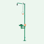 ClassicLine body safety shower with self-draining eye shower with bowl, drainage of water collected by the eye shower via the standpipe for floor mounting